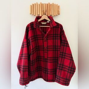 LL Bean Vtg Wool Plaid Pullover – Red Black – Snap Front, Drawcord Hem MiUSA